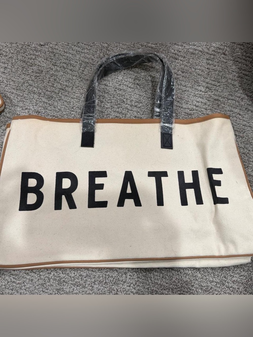 Canvas 'BREATHE' Tote Bag in Natural and Black